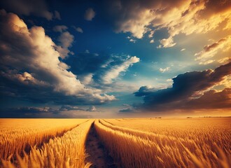 Wheat field, grain field at sunset. Concept of monoculture farming. Generative AI.