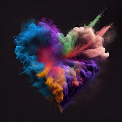 A Multicolored Smoke Explosion of Love: Valentine's Dust Cloud Heart Burst on a Dramatic Black Background: Generative AI