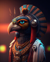 fantasy Horus Egyptian Eagle God in colorful feathers and fabrics 