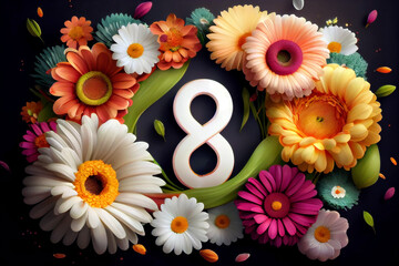 Colorful spring floral background with gerbera, daisy  and number 8, 8 mart concept, generative ai