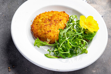 cordon bleu cutlet chicken meat, cheese, bacon second course meal snack on the table copy space food background rustic top view
