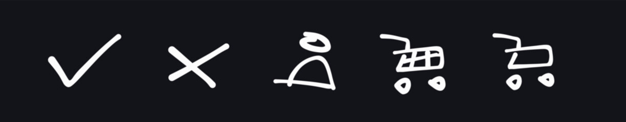 Doodle scribble web icons set. Dark mode. Check mark, cross, x, profile picture, shopping cart site handdrawn marker, pencil, pen child, kid sketch drawings. (Full Vector)

