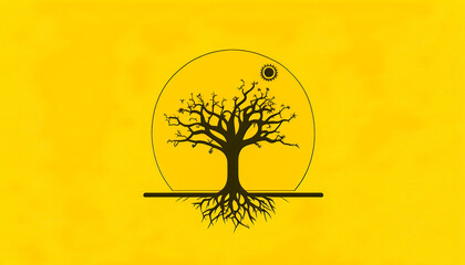 Flat tree silhouette on yellow background, generative AI.