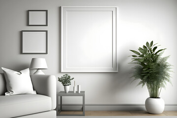 Picture frame mockup on white wall. White living room design. Minimalism concept.