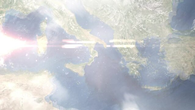 Earth zoom in from outer space to city. Zooming on Crotone, Italy. The animation continues by zoom out through clouds and atmosphere into space. Images from NASA