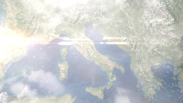 Earth zoom in from outer space to city. Zooming on LAquila, Italy. The animation continues by zoom out through clouds and atmosphere into space. Images from NASA