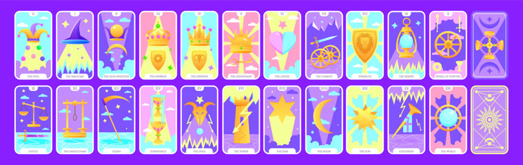 Tarot cards flat deck cartoon. Taro card major arcanas occult vector game set. Full pack of spiritual signs with esoteric magic and astrology symbols. Isolated colored graphic illustrations EPS
