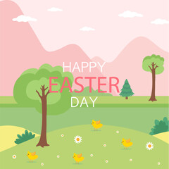 Happy Easter postcard with chickens. Vector graphics