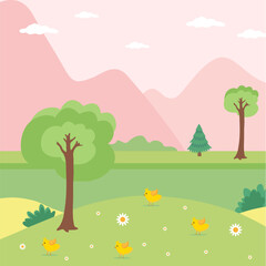 Meadow nature background with chickens. Vector graphics