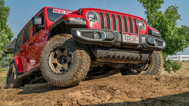 Loveland, CO, USA - August 29, 2021:  Red Jeep Wrangler on a demo drive off-road.