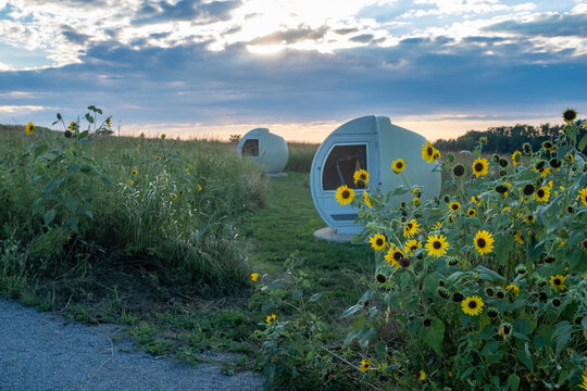 Spheres containing biogas capture wells, Frederic Back Park, Montreal