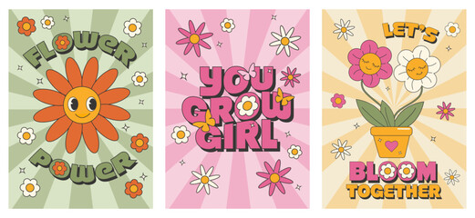 Fototapeta na wymiar Groovy 70s set. Y2k groovy spring poster set. Funny cartoon flower, daisy, plant
