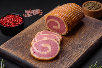 Delicious roll with meat, cheese, mushrooms, spices and herbs