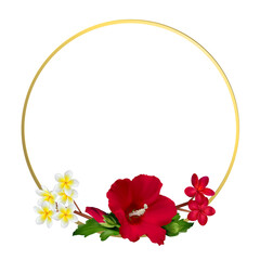 Tropical flowers. Hibiscus. Plumeria. Green leaves. Floral pattern. Gold ring.