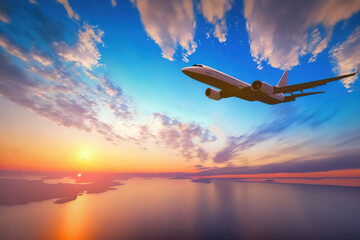 Naklejka na ściany i meble Passenger plane flying on blue sky at sunrise