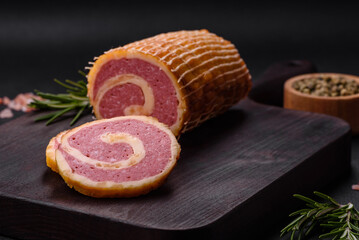 Delicious roll with meat, cheese, mushrooms, spices and herbs