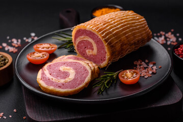 Delicious roll with meat, cheese, mushrooms, spices and herbs