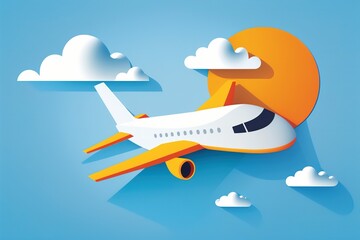 Airplane illustration on blue sky and papercut white clouds
