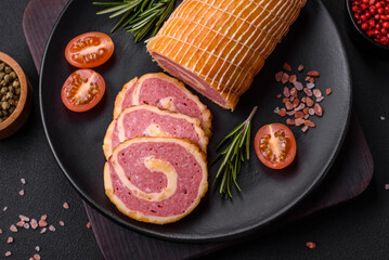 Delicious roll with meat, cheese, mushrooms, spices and herbs