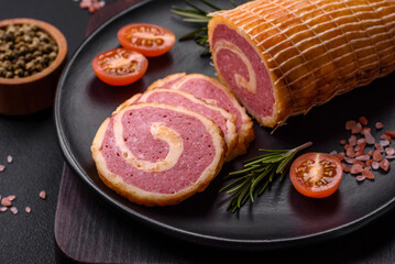 Delicious roll with meat, cheese, mushrooms, spices and herbs