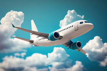 Fototapeta na wymiar Flying passenger airplane on blue sky illustration for safe travel ai generated