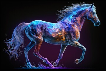 Majestic Horse Illuminated By LionAdorned Light in Burst of Purple, Orange Colors. Generative AI