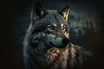 Wolf, sharp teeth, thick fur, piercing eyes, agile movements, dark fur under a full moon, dense forest, eerie silence