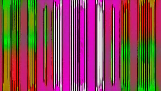 Multicolor parallel stripes move perpendicularly. Motion. Vertical bright flowing lines all over the screen.