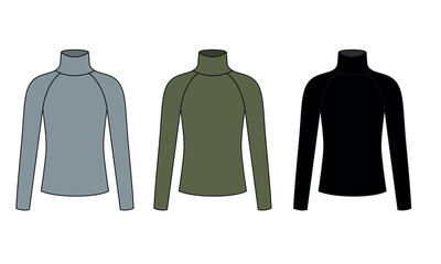 Turtleneck sketch set, grey, green, black. Vector drawing of a sweater with a high collar. Sweatshirt template with long sleeves and long collar, vector.