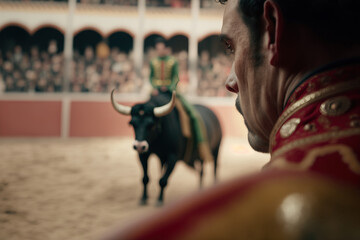 Naklejka na ściany i meble In the Ring: Man and Bull, Capturing the Intensity of the Bullfighter's Face - AI Generative