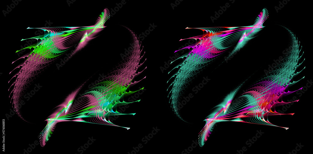 Aufkleber colorful dynamic patterns follow each other in a circle on a black background. 3d rendering. 3d illu