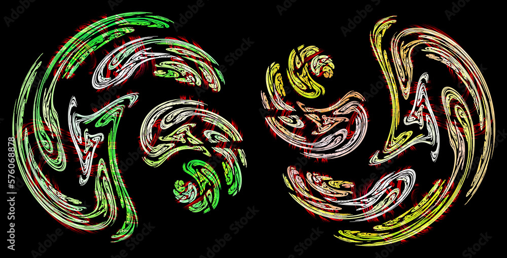 Aufkleber wavy patterns twist in a spiral on a black background. abstract fractal background. set of graphic d