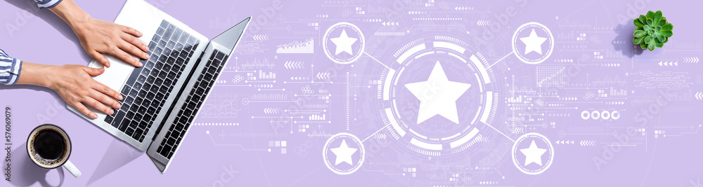 Poster rating star concept with person using a laptop computer