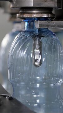 Vertical video. Close-up of pouring water into a plastic bottle with a volume of 0.5 liters in the filling unit. Shop for the production of mineral water and soft drinks.