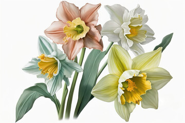 Naklejka na ściany i meble daffodils in pastel colours on white background. Generative AI.