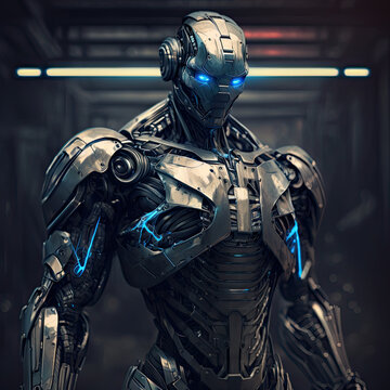 A futuristic robot with sleek, metallic curves and glowing blue eyes, standing against a dark, industrial background, robot, cyborg, 3d, android, future, technology, futuristic, motorcycle, science, 