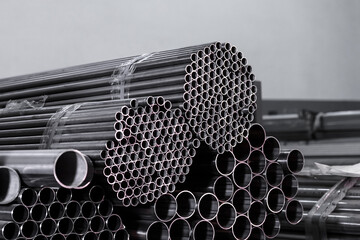 Stainless steel pipes in an industrial warehouse