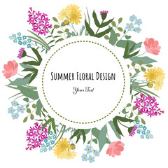 Summer floral greeting card template with meadow and garden flowers.