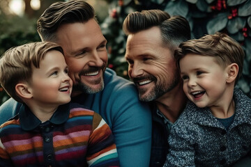 A family photo of two happy dads and their kids, gay, lgbt ai generative_