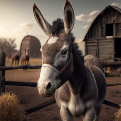 Realistic donkey on a farm background, generative AI