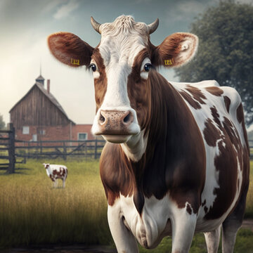Realistic cow on a farm background, generative AI