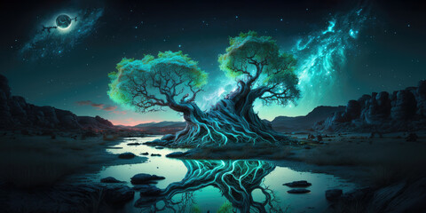 Obraz na płótnie Canvas fantasy ancient old tree on a valley - generative ai