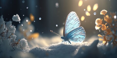 Naklejka na ściany i meble light blue butterfly falls in the snow - generative ai