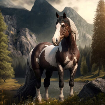 Realistic horse on a nature background, generative AI

