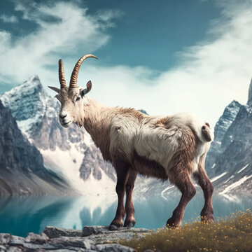 Realistic goat on a mountains background, generative AI