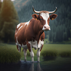 Realistic cow on a nature background, generative AI