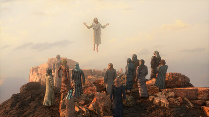 Jesus rising to heaven on the Mount and the Twelve Apostles 3d render