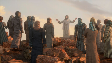 Jesus Christ preaches the Sermon on the Mount and the Twelve Apostles 3d render