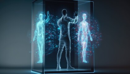 person standing in front of a holographic display with images and data appearing - generative ai