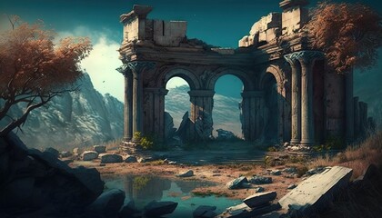 Destroyed abandoned city and human extinction cinematic dramatic illustration world after war concept buildings debris and ruins view generative ai